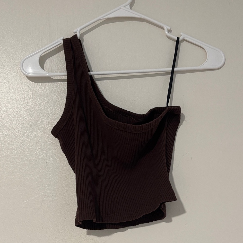 SHEIN Dark Brown Ribbed One-Shoulder Crop Top